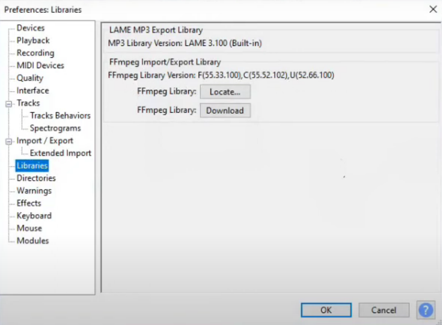 Настройки Audacity — блок FFmpeg с кнопкой Найти