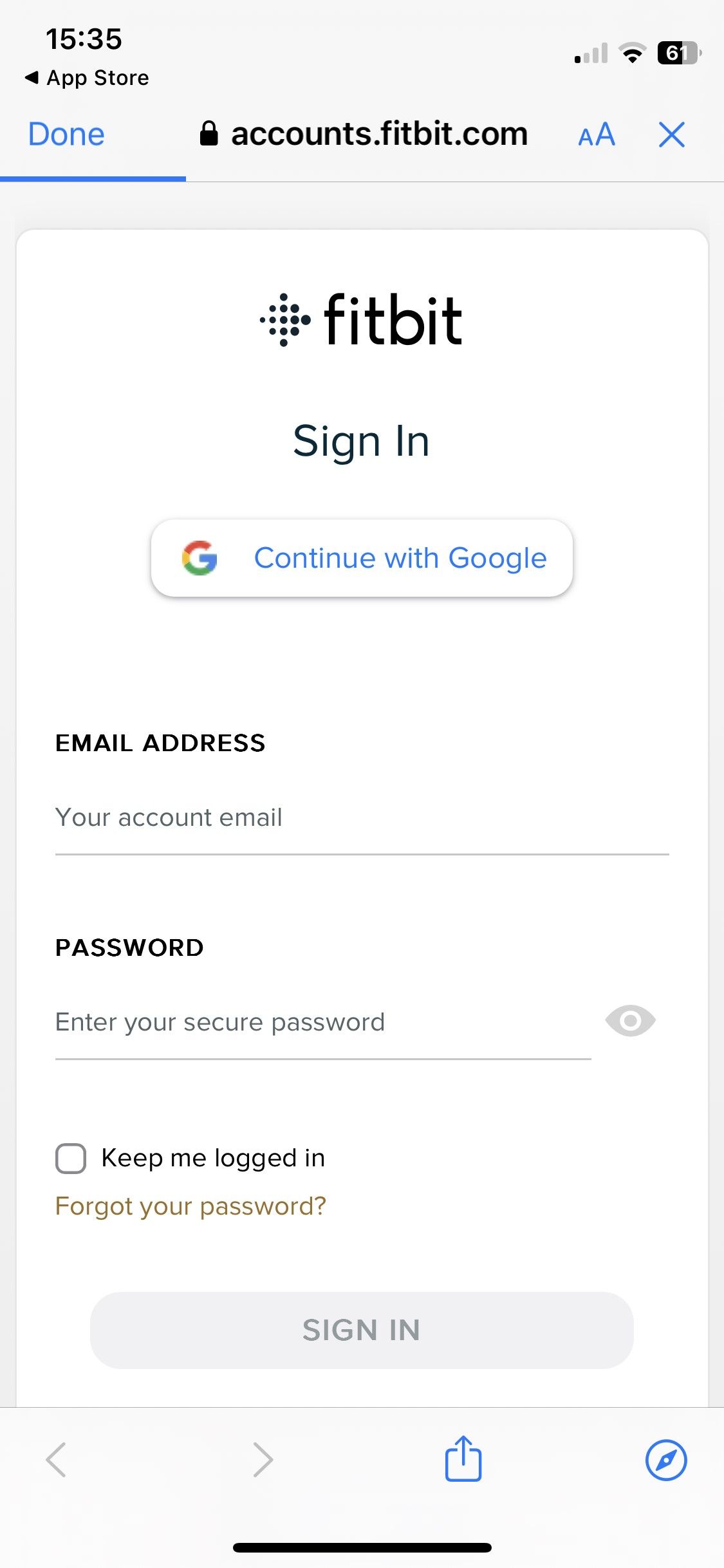 Power Sync — экран входа в Fitbit