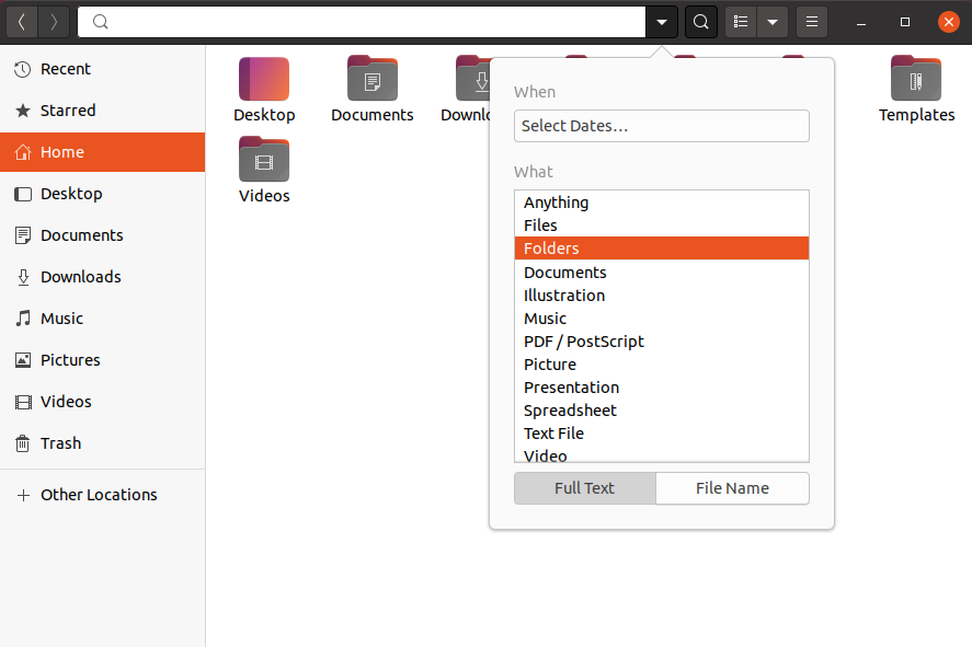 Поиск папки в приложении GNOME Files с фильтром Папки