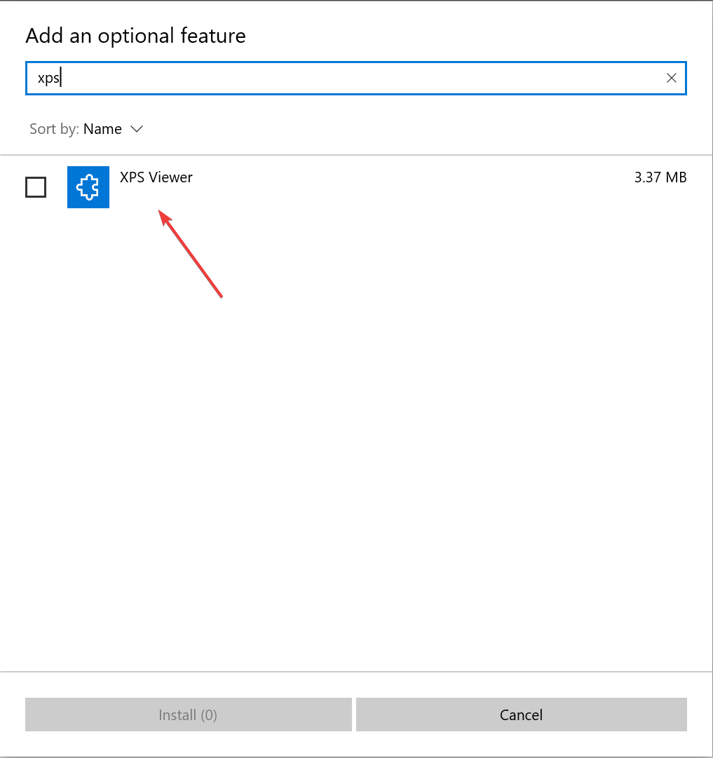 Список опций: установка XPS Viewer через «Добавить функцию»