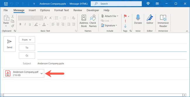 Окно Outlook с прикреплённым PDF
