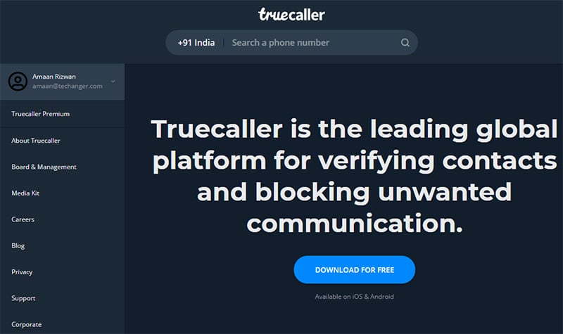 Ricerca numero su Truecaller via web