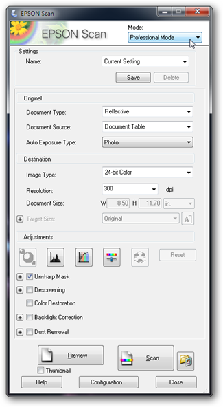 Параметры разрешения и глубины цвета в драйвере сканера