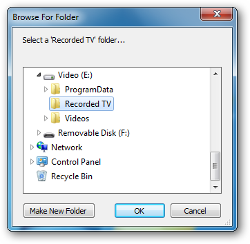 Подтверждение выбранной папки Recorded TV