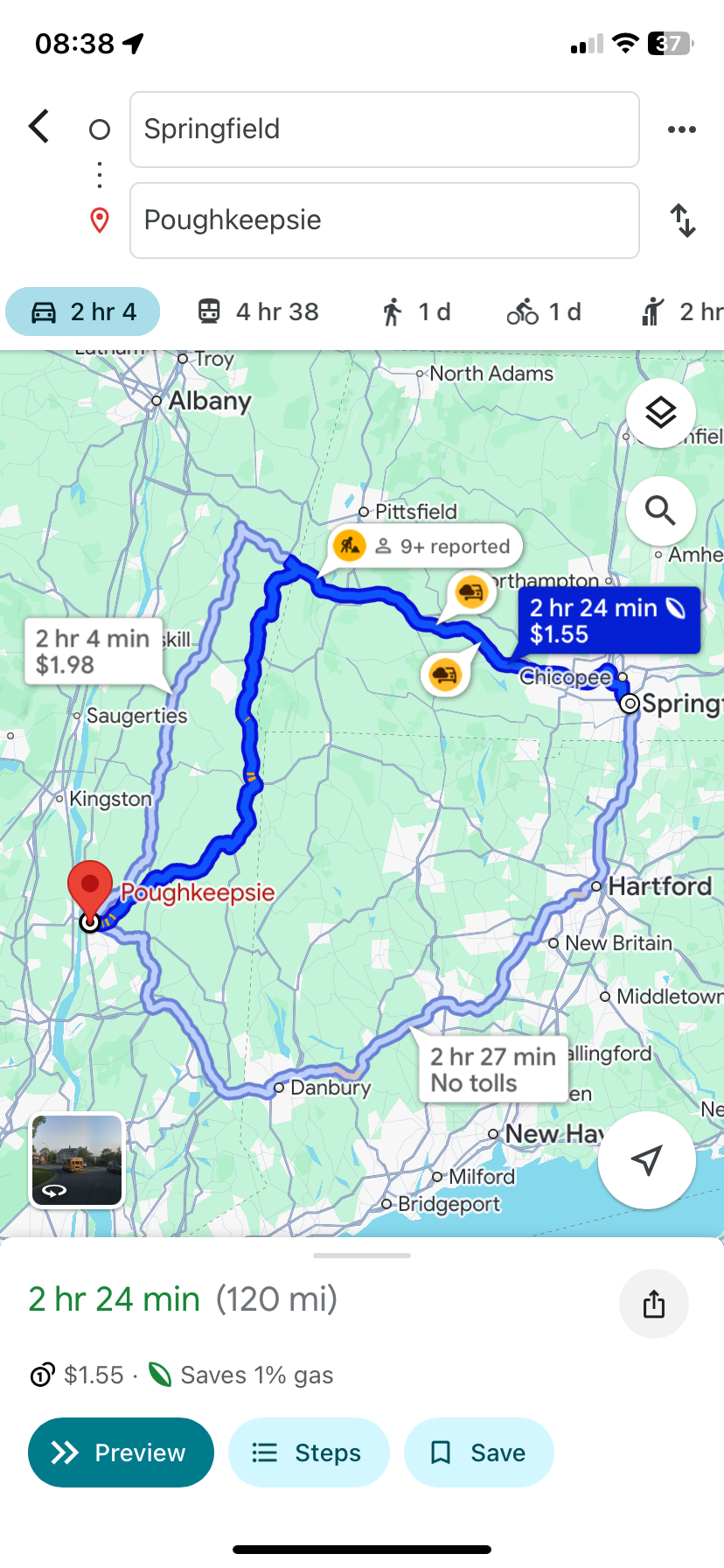 Google Maps показывает самый экономичный маршрут для автомобиля на бензине между Спрингфилдом и Покипси