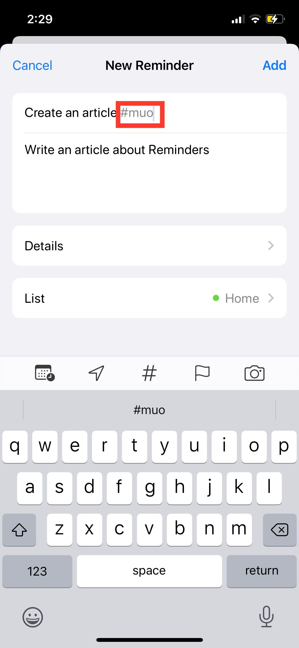 Тег в заголовке напоминания