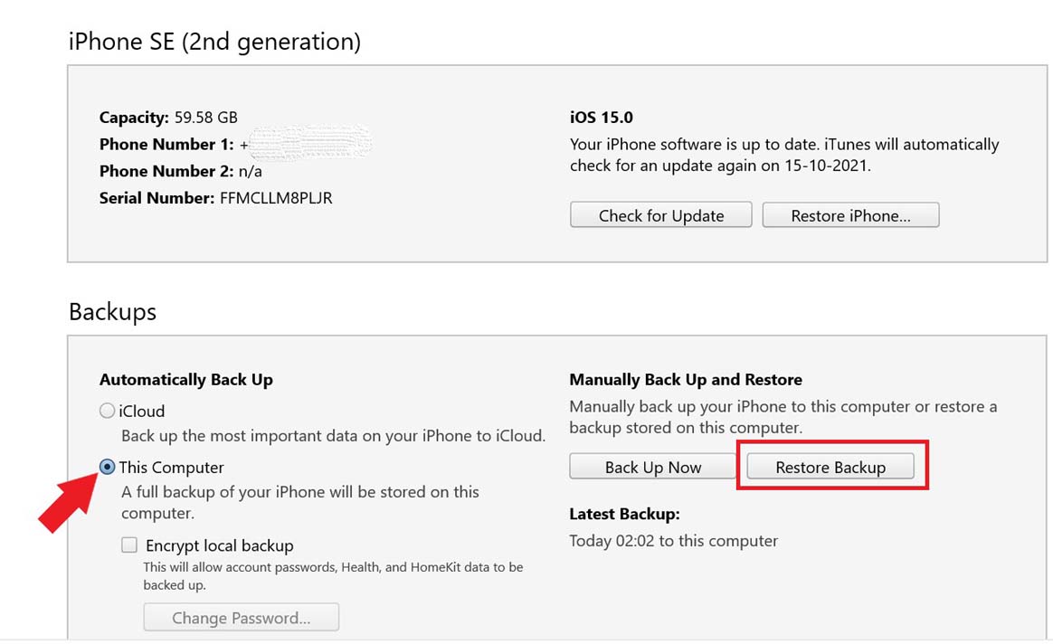 restore backup from iTunes to fix iPhone is shutting down