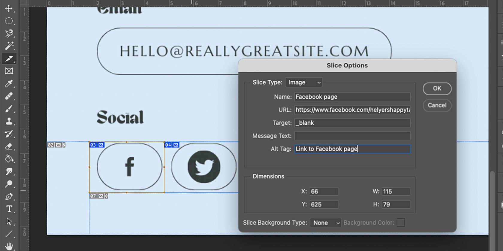 Photoshop Slice Options menu.