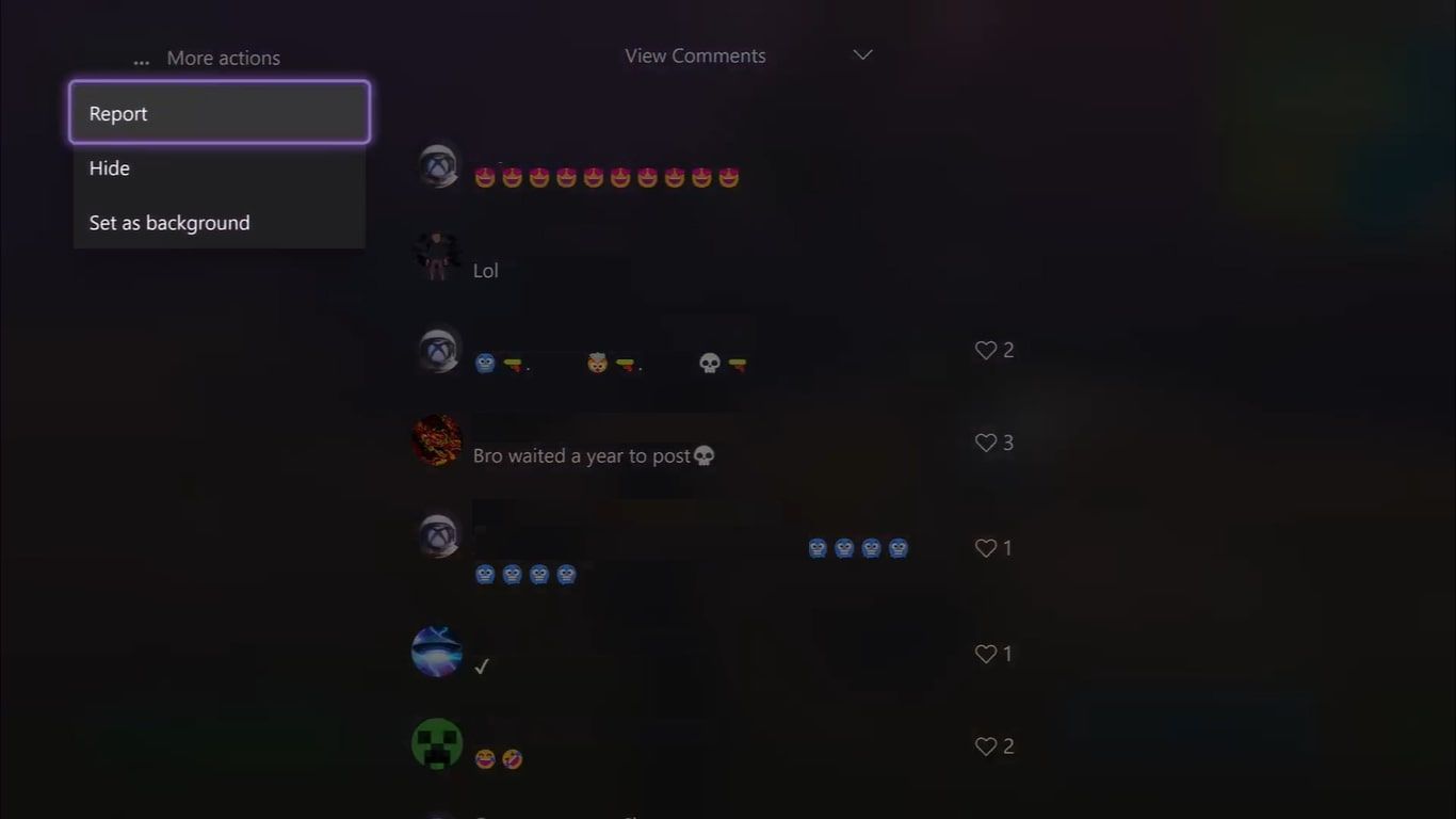 Опции для поста в ленте активности с возможностью Пожаловаться