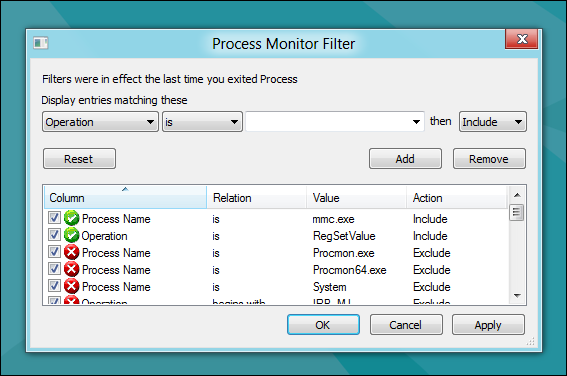 Окно фильтров ProcMon с применёнными правилами