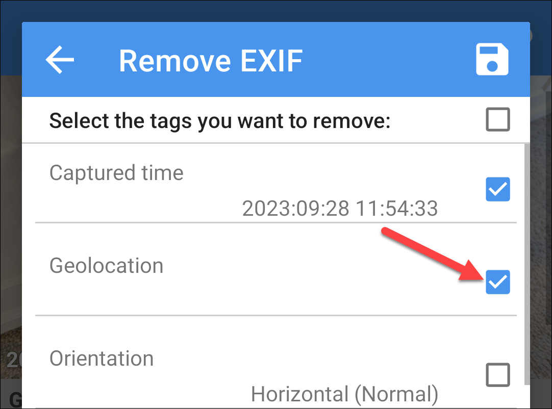 Отметьте галочками поля EXIF, которые хотите удалить.