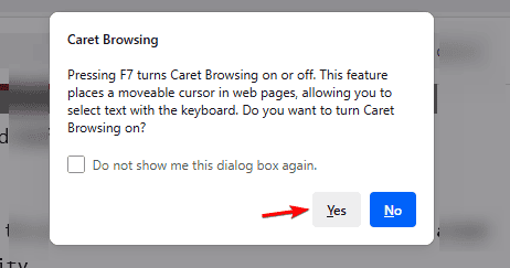 Диалог подтверждения включения Caret Browsing в Mozilla Firefox