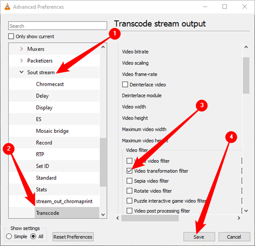 Отключите/включите фильтр преобразования видео в расширенных настройках VLC