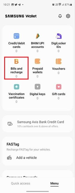 Выбор опции Счёт и пополнение в Samsung Wallet.