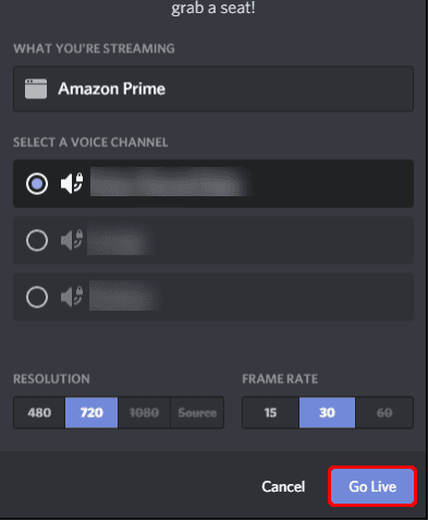 Параметры трансляции в Discord: выбор канала, разрешения и частоты кадров
