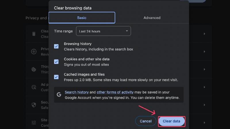 clear data in chrome