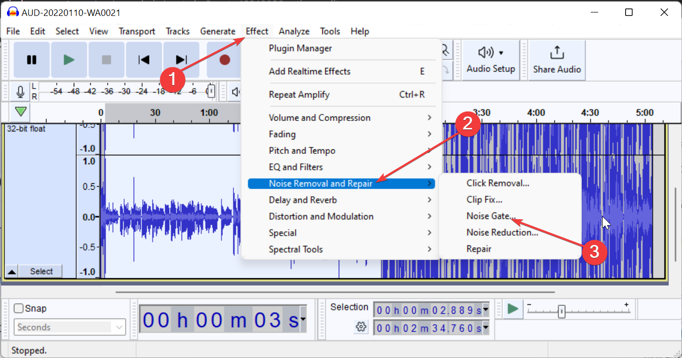 Параметры шумового гейта в Audacity