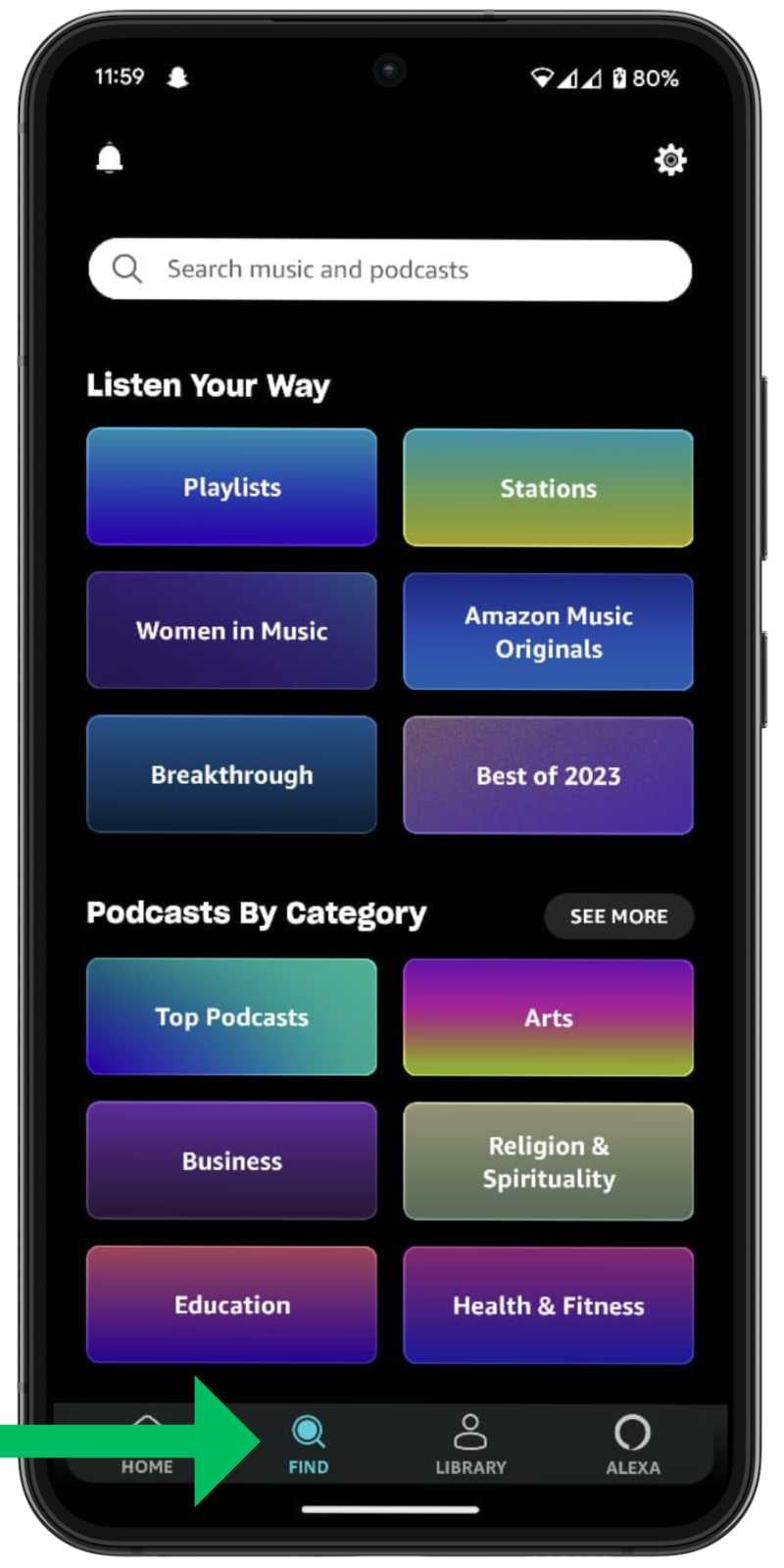 Экран Amazon Music с опцией загрузки подкаста