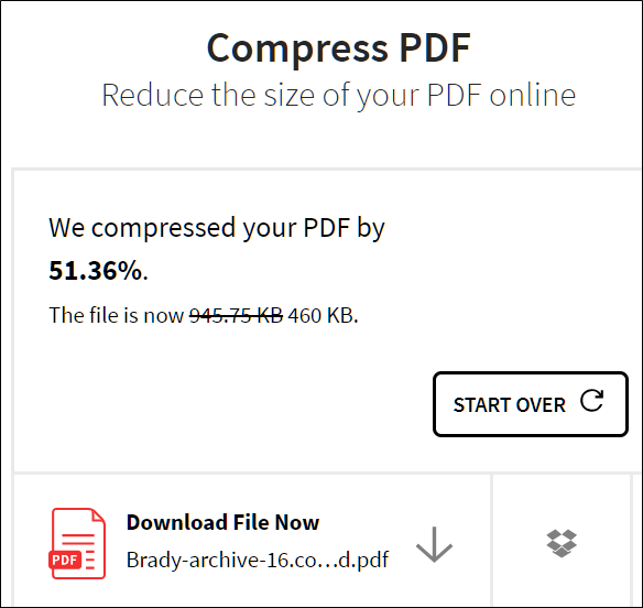 SmallPDF — результат сжатия и ссылка для скачивания