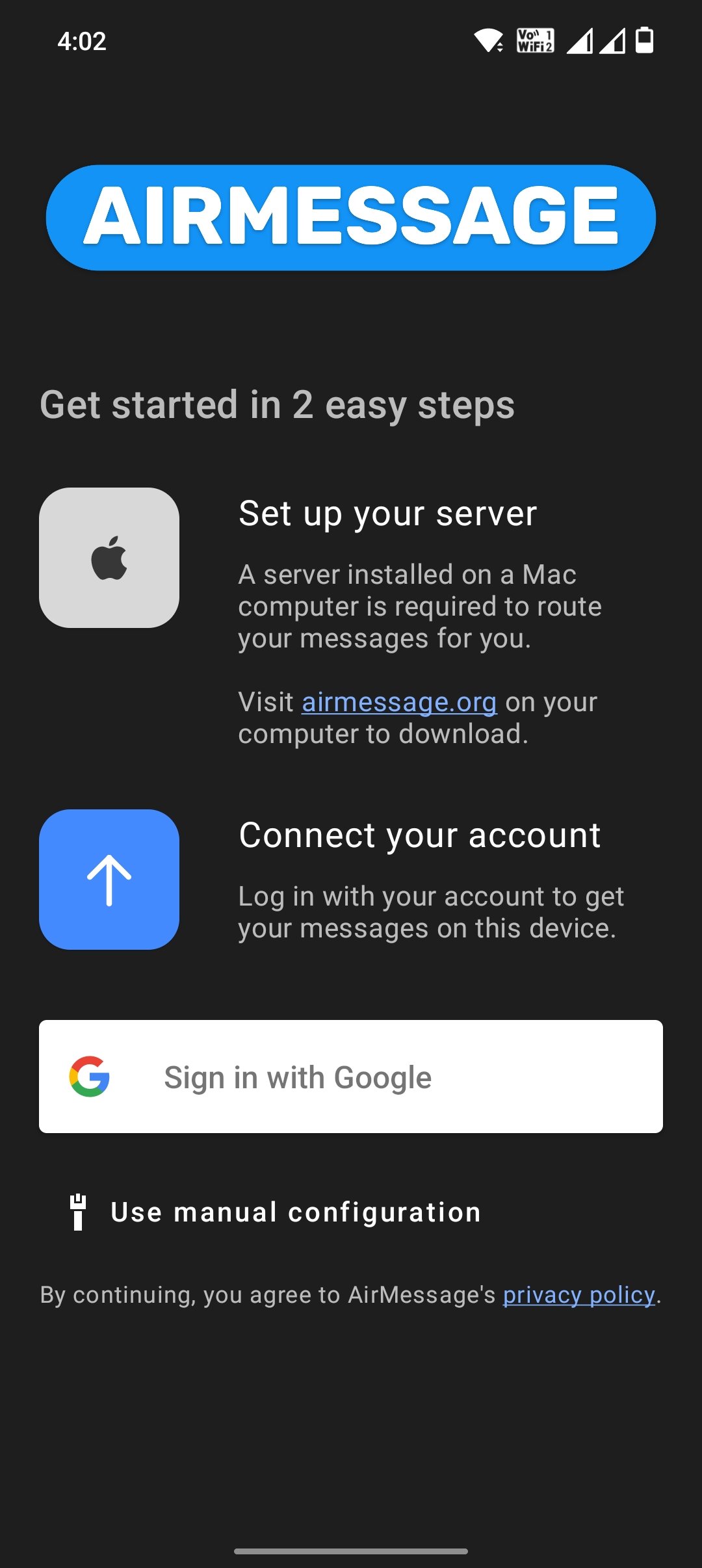 Iniciar sesión en AirMessage con cuenta Google