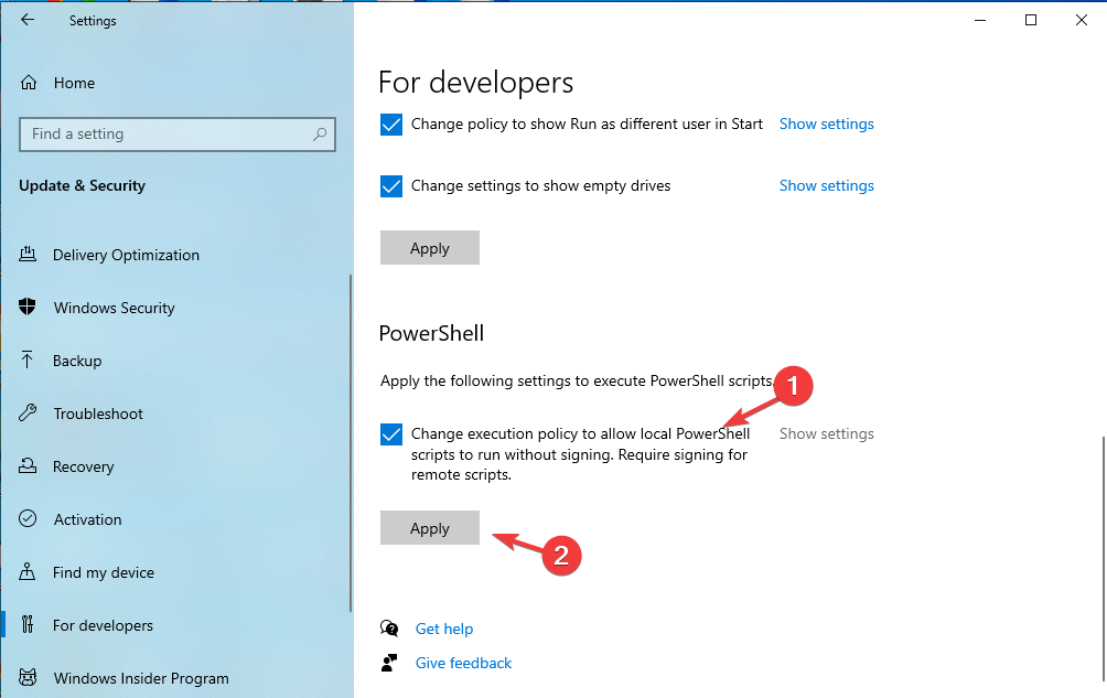 Enable script Windows 10