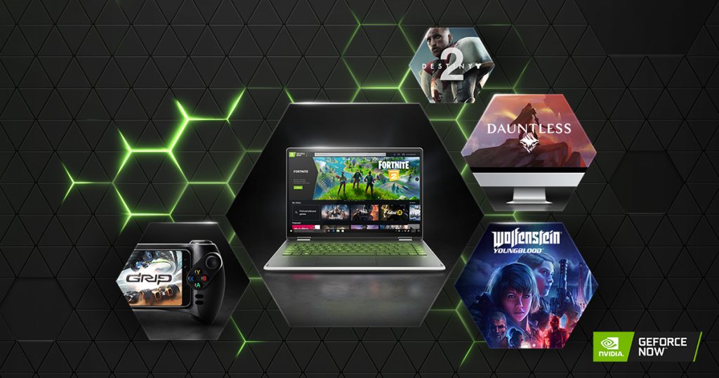 Логотип и интерфейс NVIDIA GeForce Now на мобильном устройстве