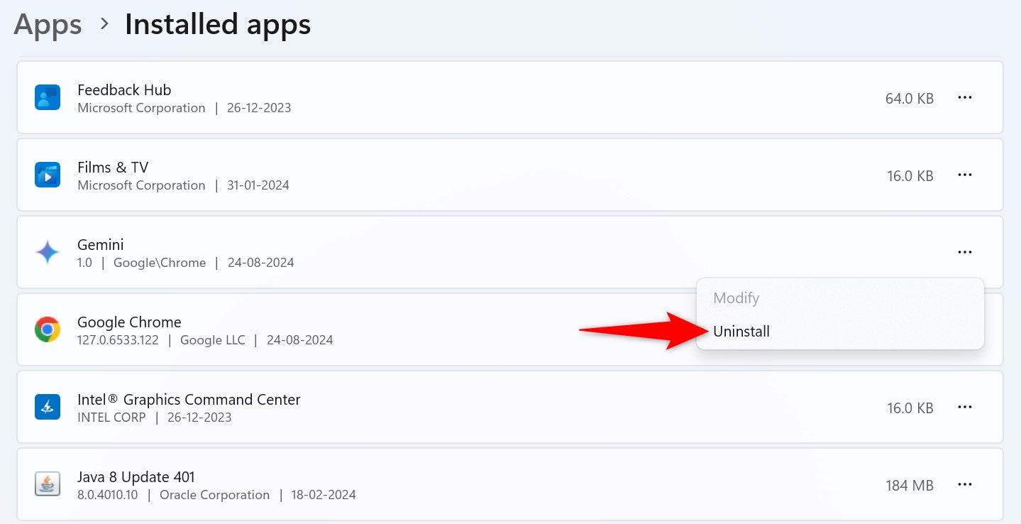 'Uninstall' выделено для Gemini в параметрах Windows 11.