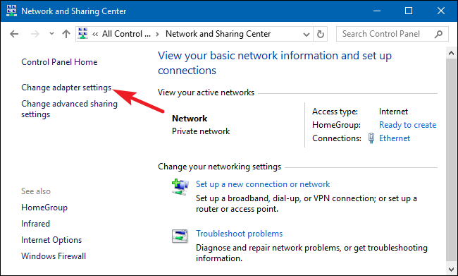 Список сетевых адаптеров в классической панели управления.