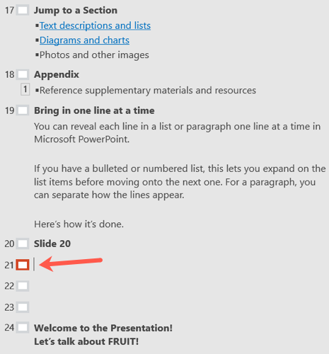 Вид конспекта (Outline) с указанием пустых заголовков