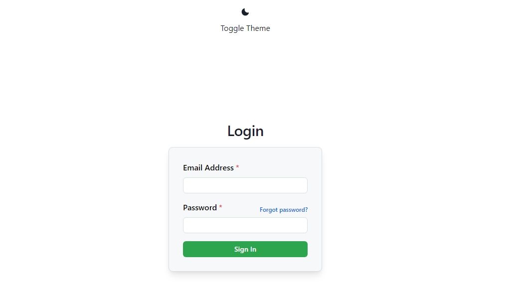Форма входа и кнопка переключения темы, отображаемые в браузере
