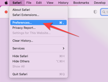 Открыто меню Safari, выбран пункт Настройки