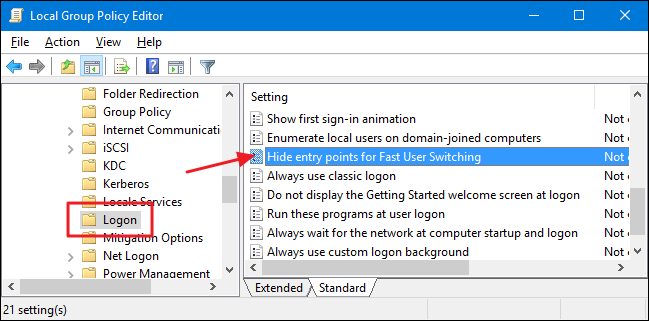 Параметр Hide entry points for Fast User Switching в редакторе политик