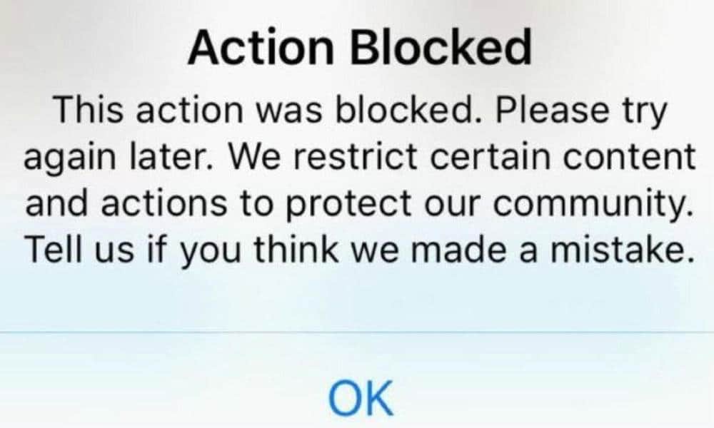 Иллюстрация уведомления 'действие заблокировано' в приложении Instagram