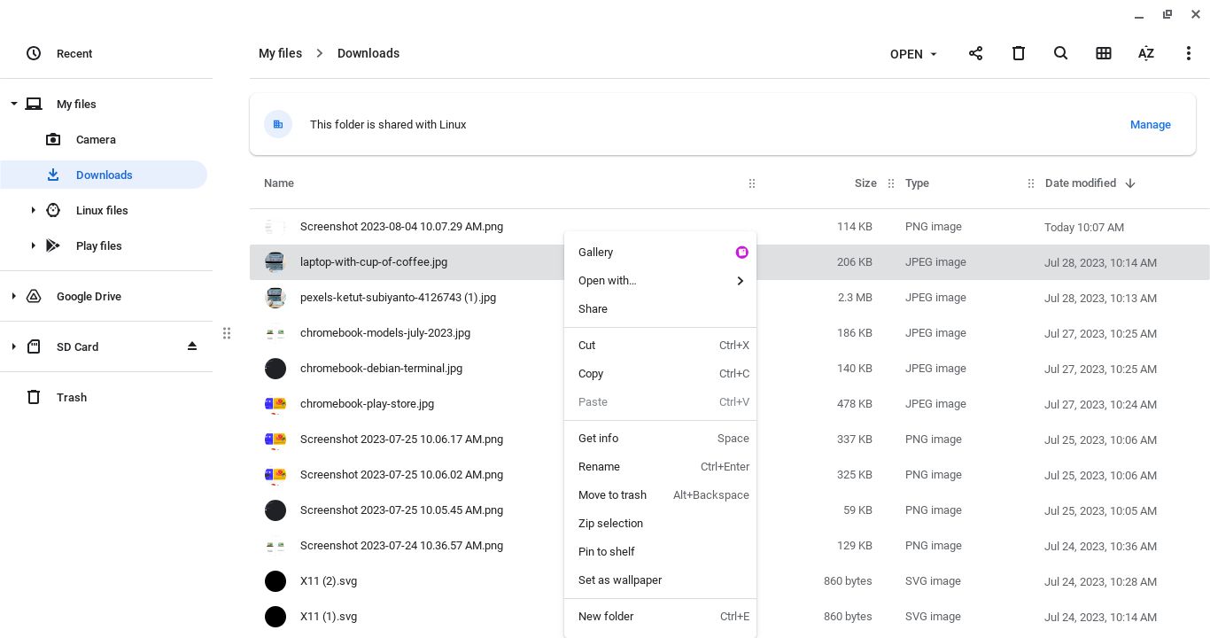 Меню файлов Chromebook с опцией Удалить