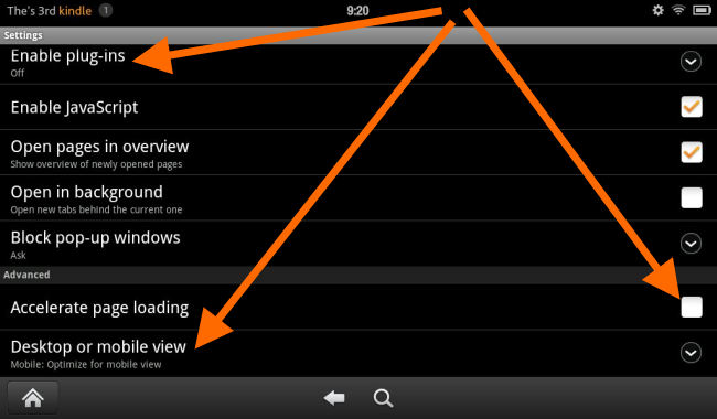 Настройки браузера Kindle: опции плагинов и ускорения