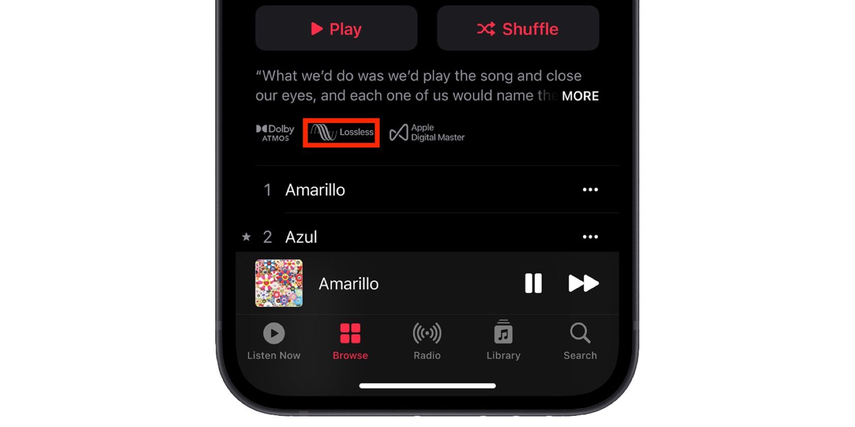 An iPhone screenshot of the Now Playing screen in the Music app showing a track playing in lossless audio quality