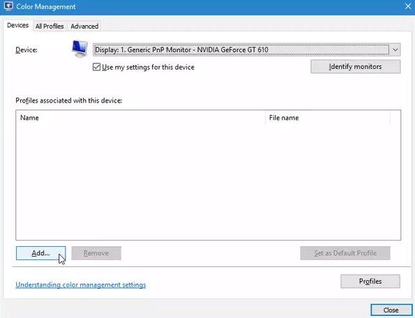 Окно «Управление цветом» в Windows