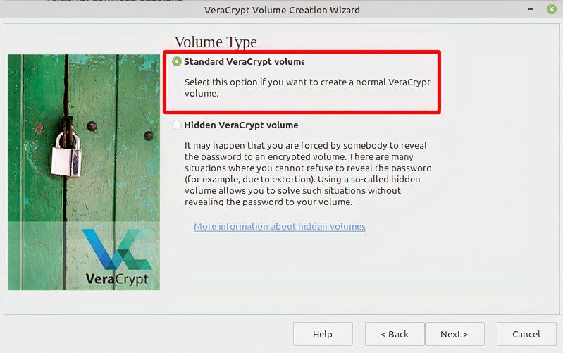 Выбор между стандартным и скрытым томом в VeraCrypt.