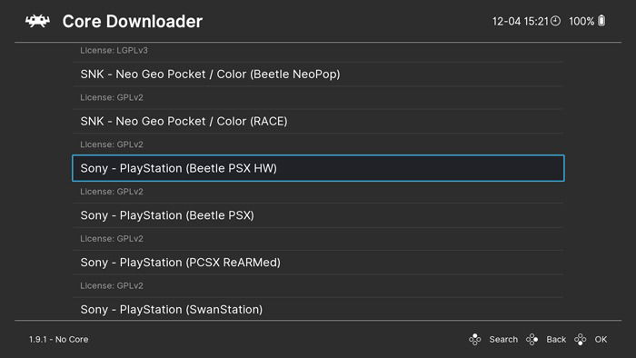Список ядер для загрузки в RetroArch