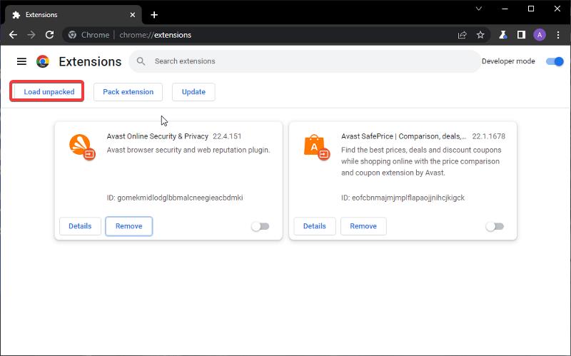 Загрузка распакованного расширения