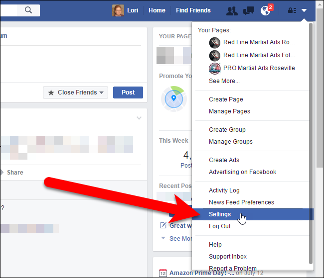 Открытие настроек Facebook