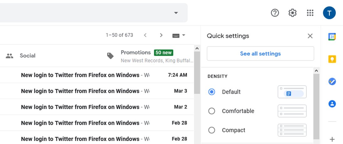 Быстрые настройки Gmail.