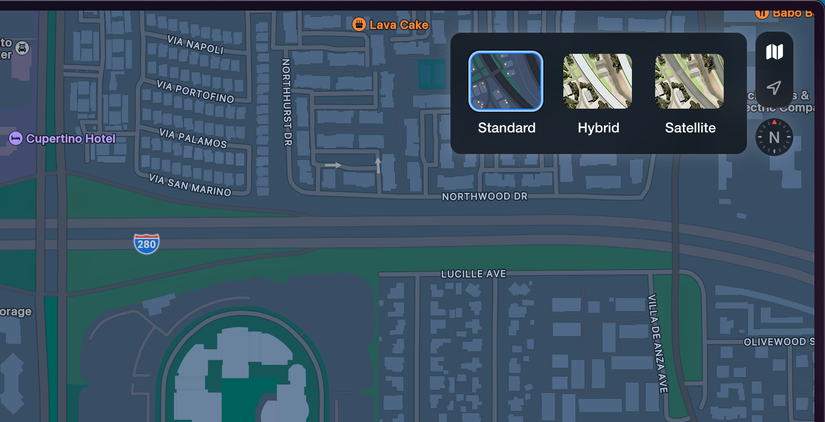 Apple Maps web app switch views menu with Standard, Hybrid and Satellite options