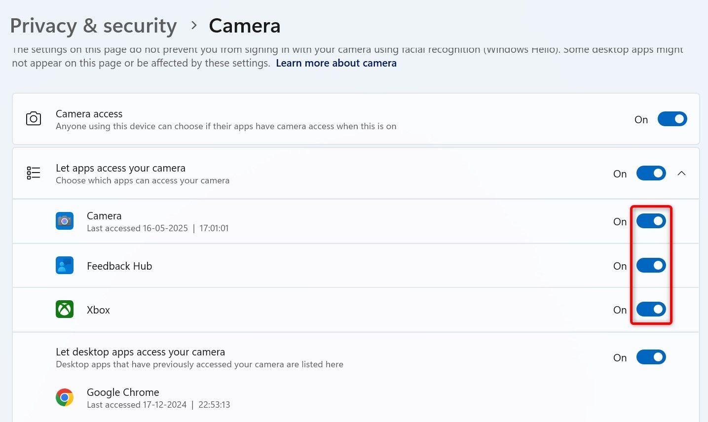Переключатели доступа к камере выделены в Параметрах Windows 11.