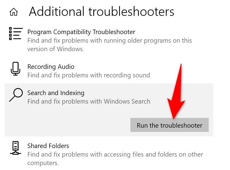 Выделена опция 'Run the Troubleshooter' для 'Search and Indexing'