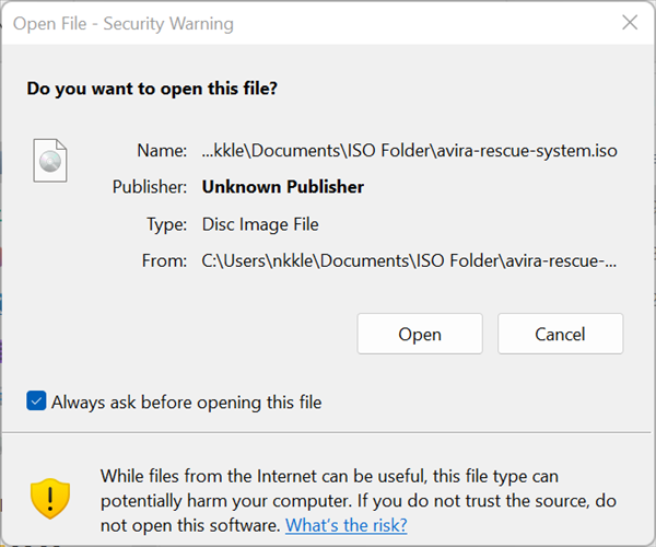 Стандартное предупреждение Windows при попытке монтирования ISO.