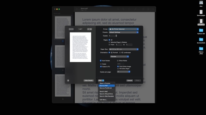 Меню PDF в окне печати с опцией сохранить как PDF