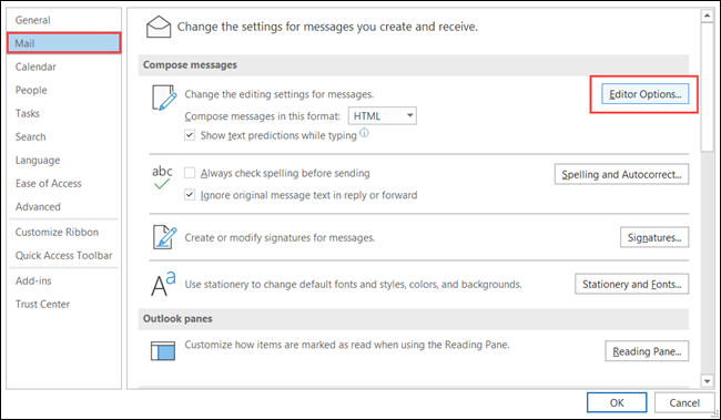 Выберите Почта и нажмите Параметры редактора