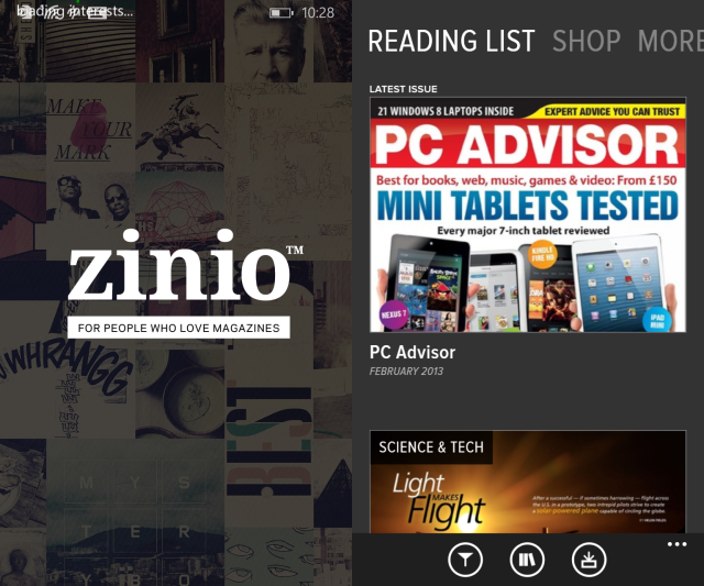 скриншот приложения Zinio с обложками журналов