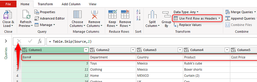 Кнопка Use First Row as Headers в Power Query.